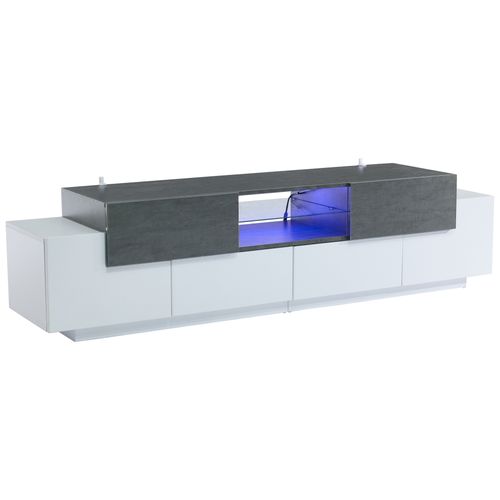 Meuble TV LED Avec 4 Portes Étagères En Verre Ouvertes 1 Tiroir Commode TV, Blanc + Gris