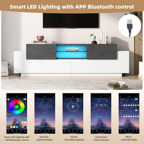 Meuble TV LED Avec 4 Portes Étagères En Verre Ouvertes 1 Tiroir Commode TV, Blanc + Gris