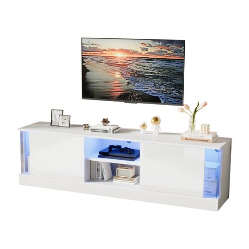 Meuble TV Bas Brillant De 160 Cm Avec Fonction De Rangement LED Et 2 Portes D'armoire - Blanc