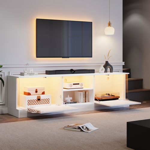 Meuble TV Bas Brillant De 160 Cm Avec Fonction De Rangement LED Et 2 Portes D'armoire - Blanc