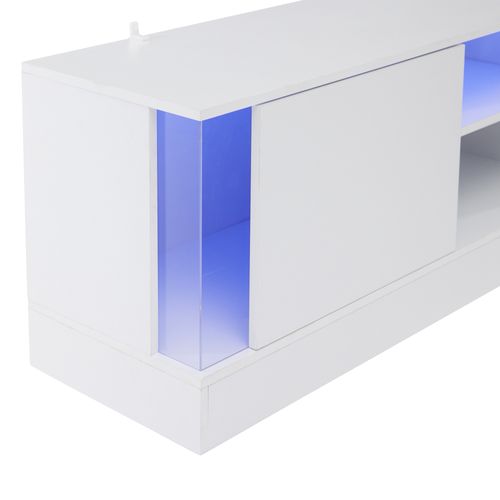 Meuble TV Bas Brillant De 160 Cm Avec Fonction De Rangement LED Et 2 Portes D'armoire - Blanc