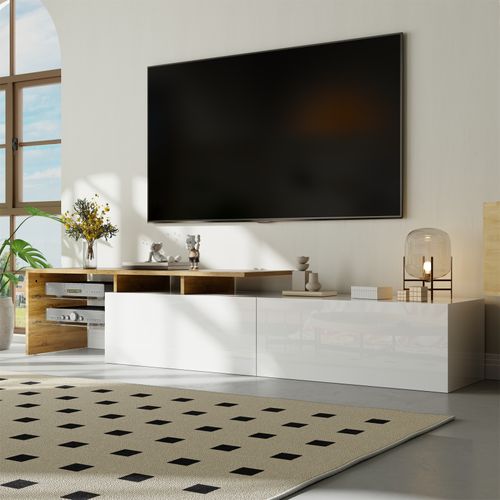 Meuble TV Moderne Avec LED, Commode Avec Rangement , Étagères En Verre, 170x33x33.5cm, Blanc