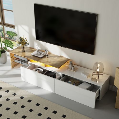 Meuble TV Moderne Avec LED, Commode Avec Rangement , Étagères En Verre, 170x33x33.5cm, Blanc