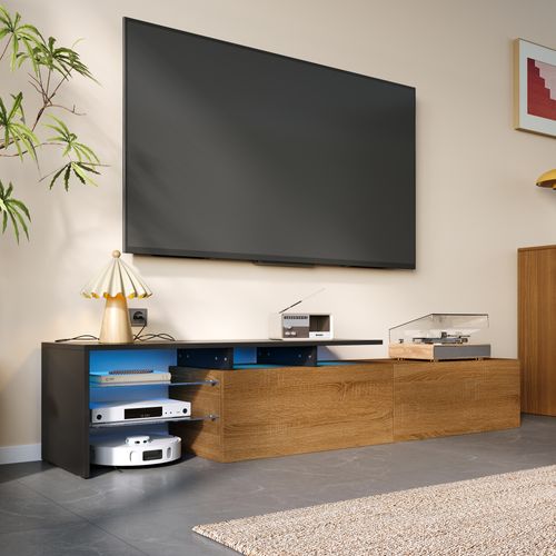 Meuble TV Moderne Avec LED, Commode Avec Rangement , Étagères En Verre, 170x33x33.5cm, Noir Et Bois