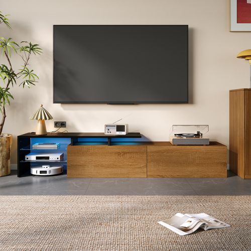 Meuble TV Moderne Avec LED, Commode Avec Rangement , Étagères En Verre, 170x33x33.5cm, Noir Et Bois