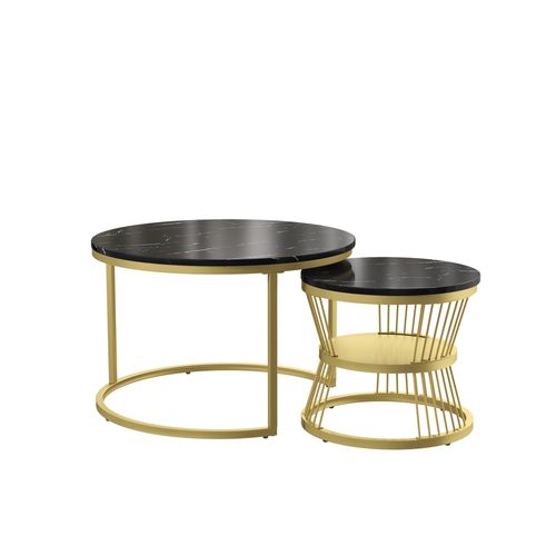 Lot De 2 Tables Basses Gigognes, Table Basse En Imitation Marbre, Ronde 70/45 Cm, Noir + Doré