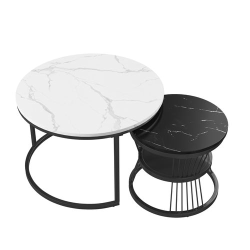 Lot De 2 Tables Basses Gigognes, Table Basse En Imitation Marbre, Ronde 70/45 Cm, Blanc + Noir