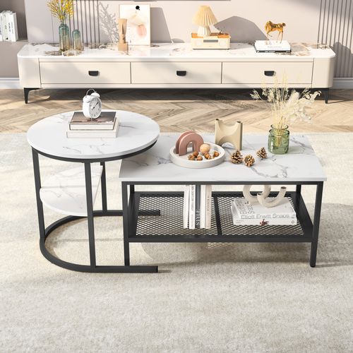 Ensemble De 2 Tables Basses Rondes Et Rectangulaires, Placage Marbre, Cadre En Métal, Blanc Et Noir