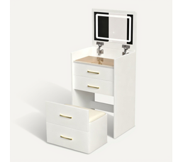 Coiffeuse Avec éclairage LED – Table Maquillage 80x40x138,5 Cm – 2 Tiroirs, 2 étagères, Miroir Pivotant – Blanc Et Or