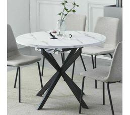 Table à Manger Ronde Extensible SELMA - Plateau Effet Marbre Blanc - Pieds Métal Noir - 4 à 8 Personnes - 110-150 Cm - 7