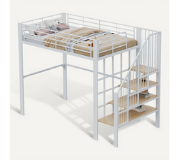 Lit Mezzanine 140x200 Cm Blanc Avec Rangement - Structure Métal, Escalier Sécurité Et Étages Intégrés - Gain De Place (Sans Matelas) - 7