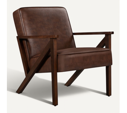 Fauteuil Similicuir Marron Avec Cadre Bois Pin | Dimensions 61x60x79.5 Cm, Siège 42 Cm De Haut | Confort Ergonomique, Design Simple