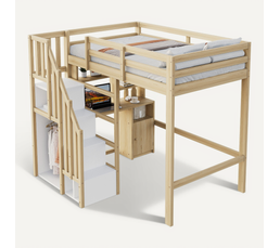 Lit Mezzanine Enfant/ado Avec Bureau, Tiroirs Et éclairage LED - 90x200 Cm, Cadre Métal Et MDF - Espace Gainé Et Fonctionnel