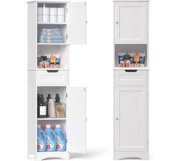 Armoire De Salle De Bain COSTWAY 170 Cm - Colonne De Rangement Avec Panier à Linge 48L, étagères Ajustables - Blanc - 2