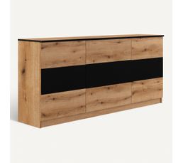 Buffet Haut Design Portes Rotin Et Verre – 6 Compartiments, Pieds Bois Massif, 60x40x100 Cm – Style Moderne Naturel