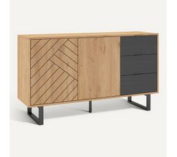 Buffet 3 Portes 2 Tiroirs Toby 100 Cm - Blanc Et Plateau Bois, Rangement Salle à Manger