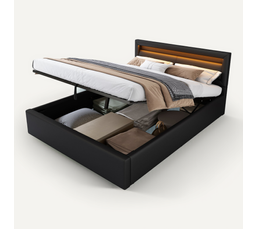 Lit Double 160x200 Cm Avec Rangement Hydraulique, LED Et Ports USB - Velours Beige, Tête De Lit Capitonnée - 10