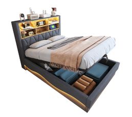 Lit Coffre Double 140x200 Avec LED & Ports USB – Tête De Lit Capitonnée & Rangement Hydraulique – Blanc - 6