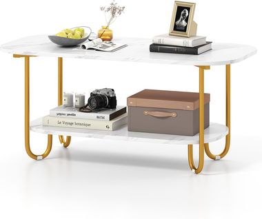 Table Basse Marbre, Table De Salon 2 Niveaux, Cadre Métallique Robuste, Blanc+doré, 100 X 50 X 45 Cm