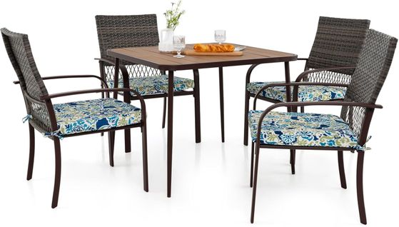 Ensemble De Meubles De Patio 5 Pièces, Salon De Jardin 4 Fauteuils En Rotin Avec Coussins Et Table