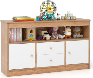Coffre à Jouets Enfant Avec 2 Tiroirs Et 2 Armoires, Meuble De Rangement, 106 X 30 X 62 Cm (marron)