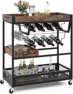 Chariot De Bar, 3 Niveaux Avec Plateau Amovible, Casier à Vin Et Porte-verres