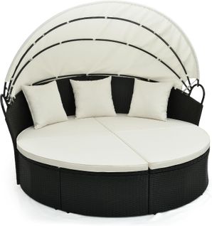 Lit De Jardin Rond En Rotin Pe Avec Auvent Rétractable, Charge 360kg, Blanc Cassé