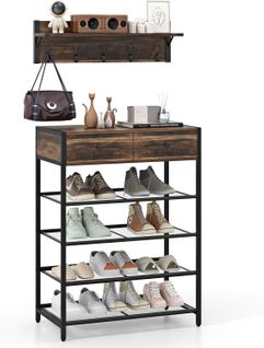 Ensemble De Meuble Entree Porte Manteau Mural, Étagère à Chaussures 4 Niveaux, 2 Tiroirs, 5 Crochets