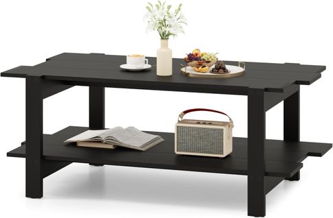 Table Basse 2 Niveaux, Design Lattes, Montage Facile, 115 X 59 X 46 Cm (noir)