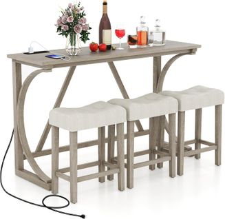 Table Bar Avec Tabouret Pour 3 Personnes, Table De Cuisine Bois, 150 X 48 X 92 Cm, Gris Chêne