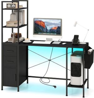 Bureau Avec Lumières LED Et Multiprise Intégrée, Étagères De Rangment Ouvertes,table D'ecriture,noir