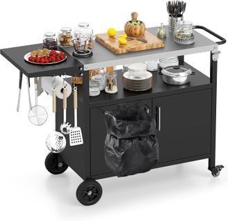 Chariot De Barbecue D'extérieur, Desserte De Jardin Avec Plateau Pliable Crochets (127 X 50 X 84 Cm)