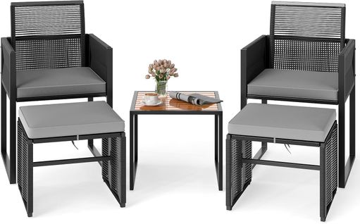 Ensemble De Meubles De Patio 5 Pièces, Osier Pe Avec 2 Chaises 2 Poufs Et 1 Table Basse