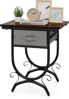 Table D'appoint Canapé Avec Tiroir En Tissu, Chevet De Lit 2 Niveaux, Plateau En Bois