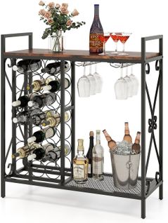 Casier à Vin Pour 21 Bouteilles Avec Support En Verre Et Plan De Travail En Bois, Cadre En Métal