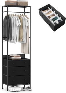 Porte Manteaux Entrée 3 En 1, Commode 3 Tiroirs Pliables, Tringle à 3 Positions (noir)