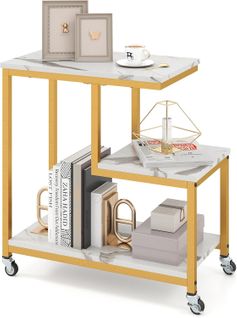 Table D’appoint, Bout De Canapé à Roulette, Effet Marbre, Etagères Ouvertes,roulettes Verrouillables