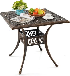 Table Jardin Carrée Antique 80 Cm 4 Personnes, Table De Patio Avec Trou Pour Parasol 4,8 Cm, Bronze