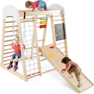 7 En 1 Aire De Jeux Intérieure En Bois Enfant Avec Tableau Noir et Balançoire, Pour Bébé De 3 Ans+