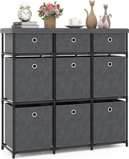 Commode Tissu Tiroirs,commode Chambre Rangement Cubique,plateau Bois,cadre En Métal(9 Tiroirs,gris)