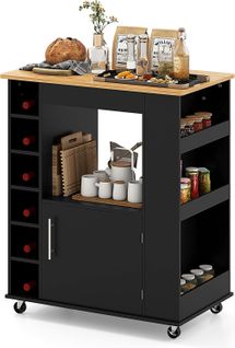 Desserte De Cuisine Sur Roulettes, Chariot Ilot De Cuisine Comptoir En Bambou, Casier à Vin (noir)