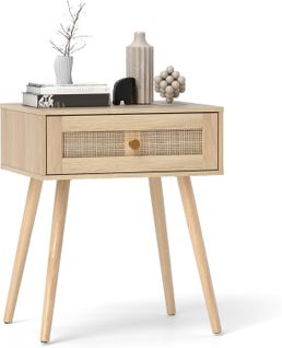 Table De Chevet Bois, Table De Nuit En Rotin Avec Tiroir, 4 Pieds En Pin, Style Bohème(1,naturel)