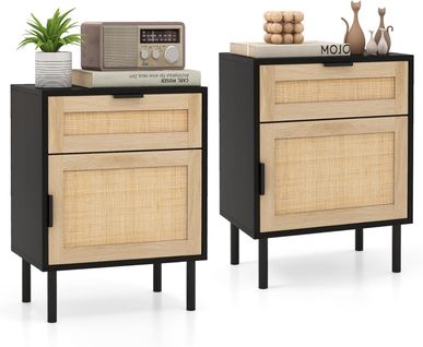 Table De Chevet Cannage, Table De Nuit Bois Avec Tiroir, 4 Pieds En Métal, Chevet De Lit Rotin(noir)