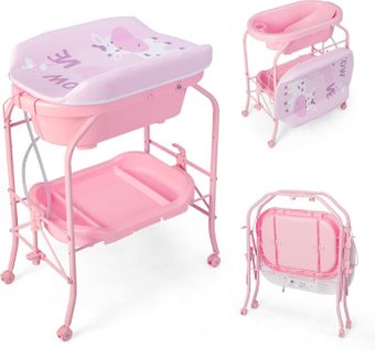 Table à Langer 2 En 1 Avec Baignoire 20l Plateau De Rangement, Commode à Langer Pliable (rose)