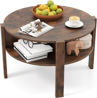 Table Basse Ronde 2 Niveaux Bois Avec Rangement, 4 Compartiments (marron Rustique)
