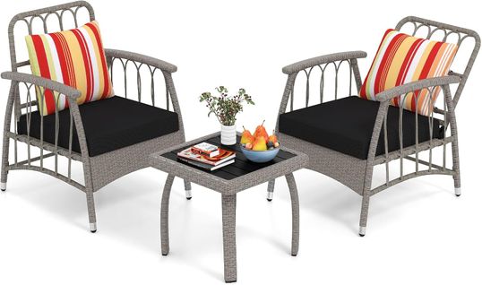 Ensemble De Meubles 3 Pièces De Patio En Rotin Charge 160kg, Salon De Jardin 2 Fauteuils,gris