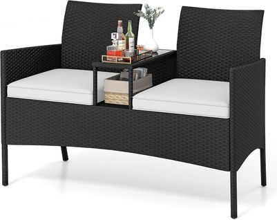 Salon De Jardin 2 Places Avec Table, Plateau En Verre Trempé, 62 X 124 X 84 Cm (coussin Blanc)