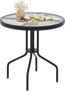 Table De Jardin Ronde 70 Cm, Table Basse De Patio En Verre Trempé Avec Cadre En Métal Robuste,noir