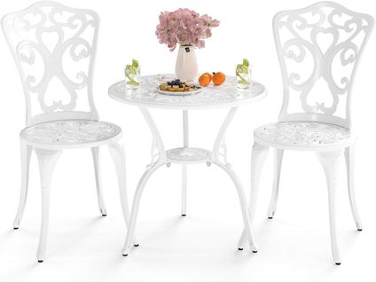 Salon De Jardin 3pcs En Fonte D’aluminium, Ensemble Bistro 2 Chaises Et 1 Table Ronde(blanc)