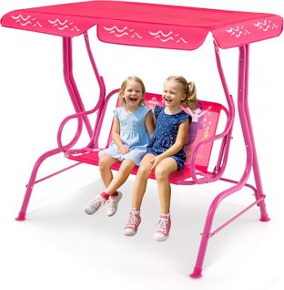 Balancelle De Jardin Enfant Avec Auvent et Ceintures De Sécurité, 112x76,5x111 Cm, Rose-sirène